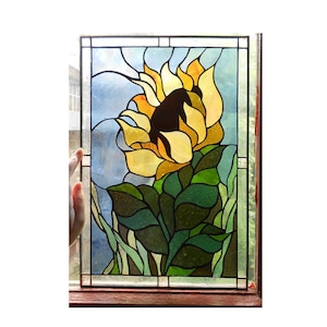 Sunflower Stained Glass Panel Window Hanging Floral Decor in Tiffany Glass Art Technique image 1