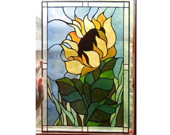 Sunflower Stained Glass Panel Window Hanging Floral Decor in Tiffany Glass Art Technique