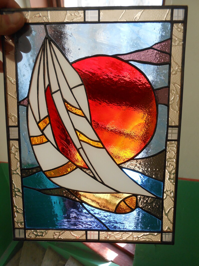 Sailboat Ship Stained Glass Panel Suncatcher Etsy