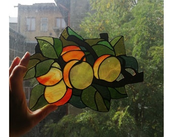 Apricot Peach Fruit Stained Glass Window Hanging Kitchen Home Decor Suncatcher