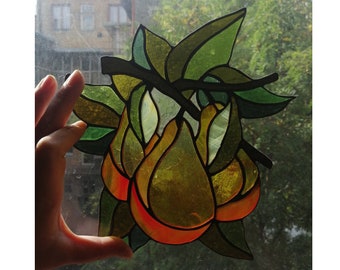 Pear Fruit Stained Glass Panel Window Hanging Suncatcher Kitchen Decor