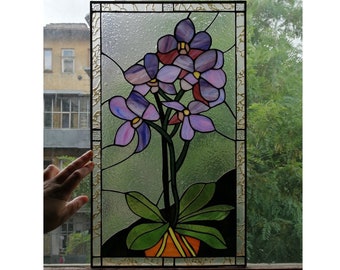 Purple Orchid Stained Glass Panel Suncatcher Window Hanging