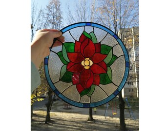 ポインセチアの花のクリスマスステンドグラスの窓用吊り下げパネルサン