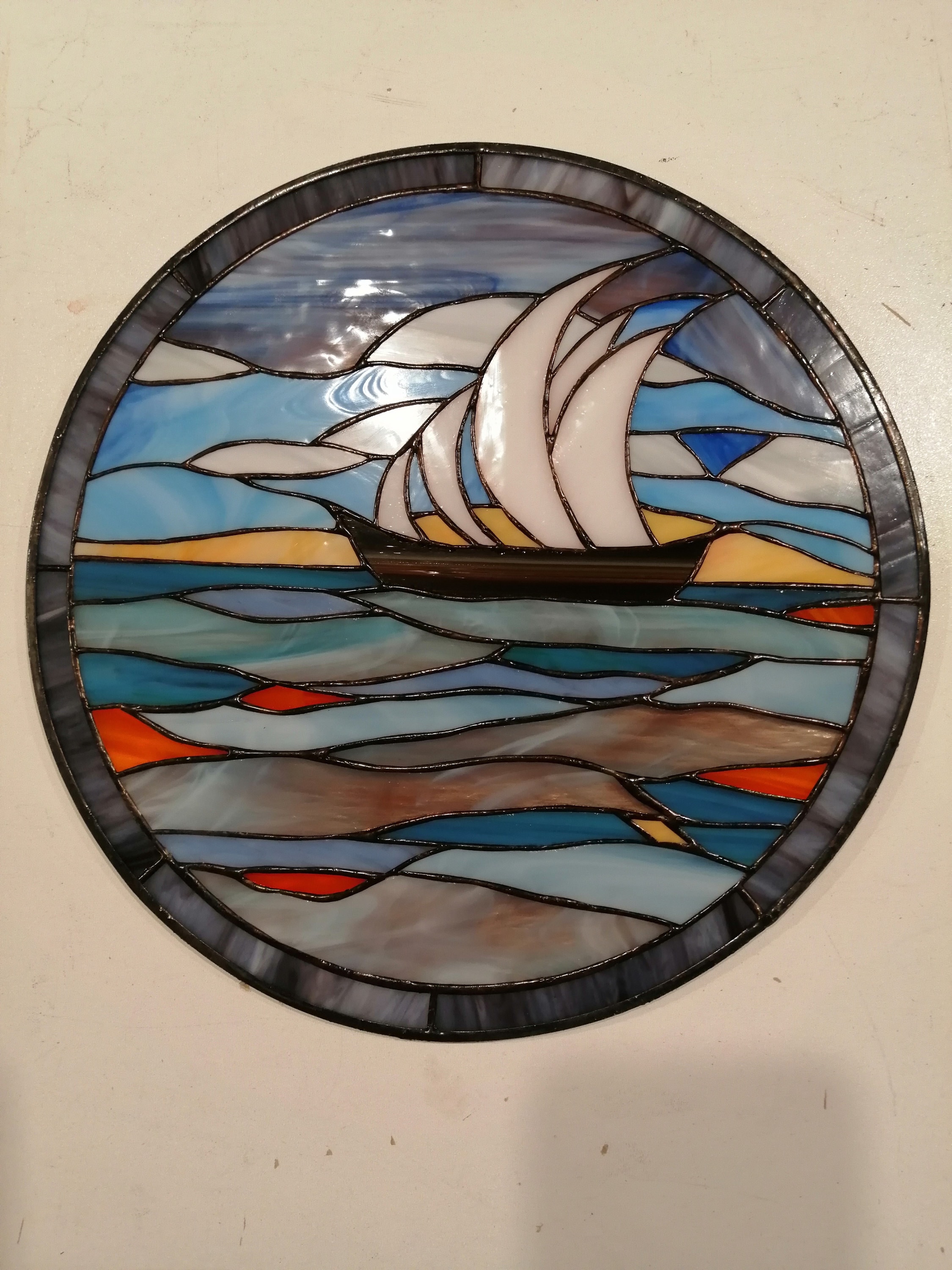 Sailboat Ship Stained Glass Panel Suncatcher Etsy