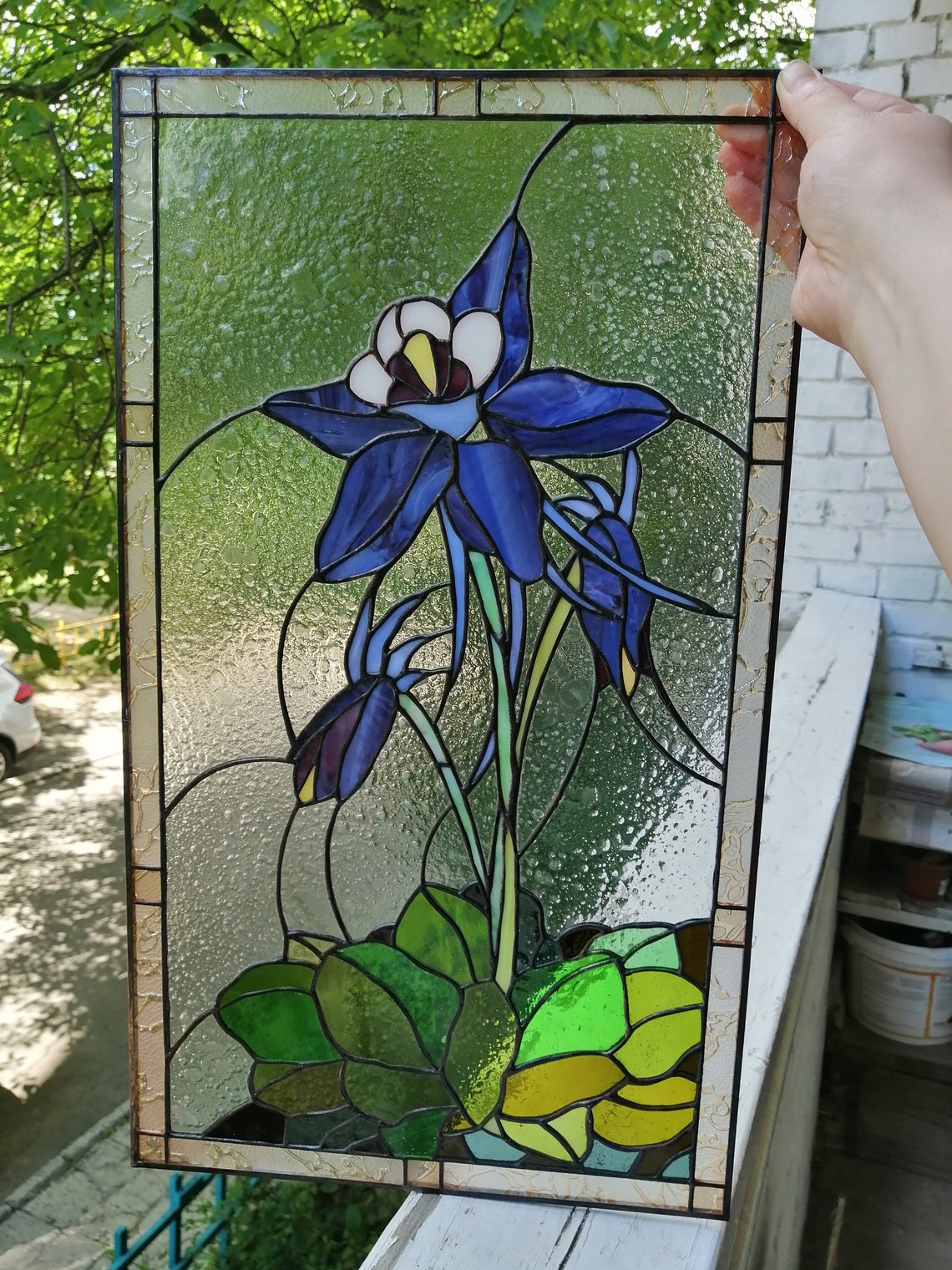 Aquilegia Columbine Flower Stained Glass Panel Suncatcher Etsy