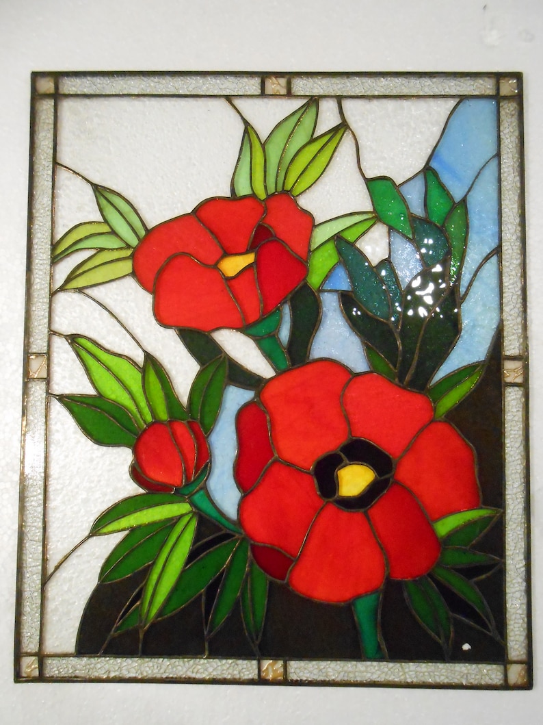 Poppies Stained Glass Panel Suncatcher Etsy