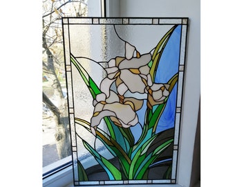 White Iris Flower Stained Glass Panel Suncatcher Floral Decor