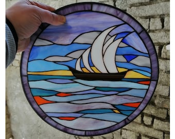 Sailboat Ship Stained Glass Panel Suncatcher