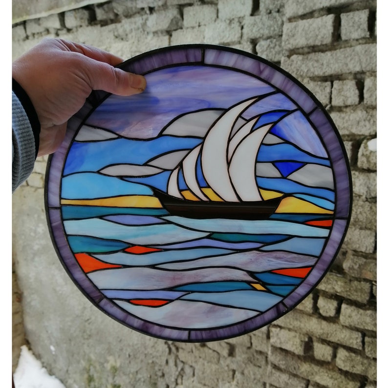 Sailboat Ship Stained Glass Panel Suncatcher Etsy