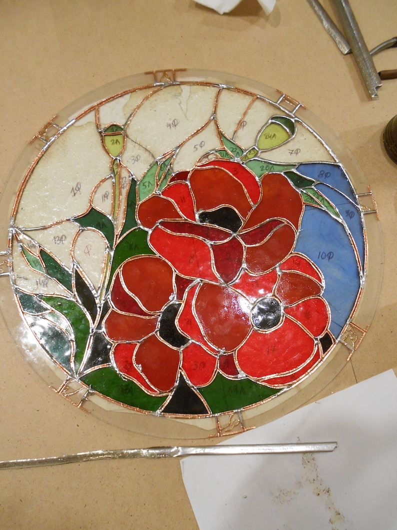 Poppies Stained Glass Panel Suncatcher Etsy