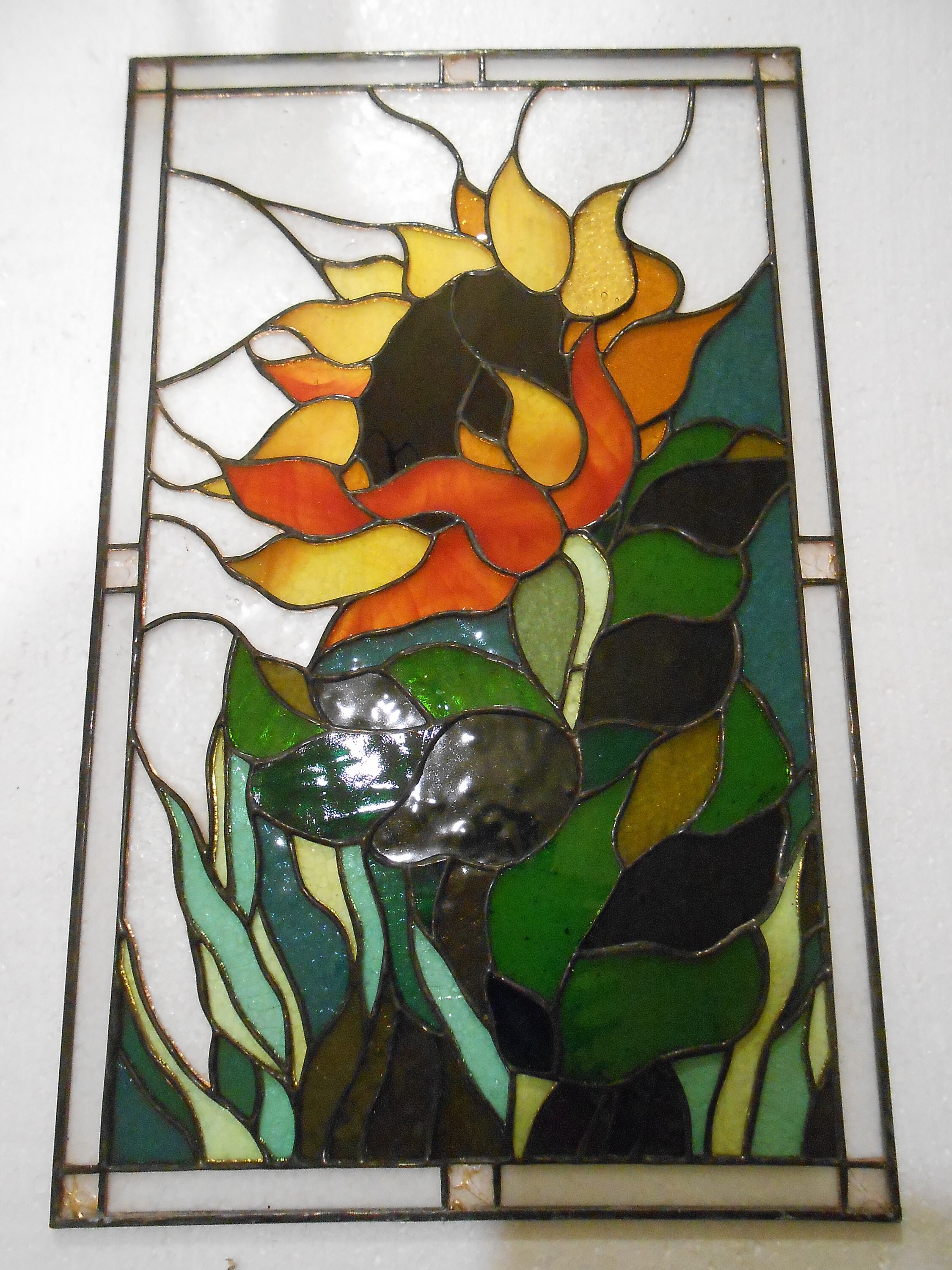 Sunflower Stained Glass Panel Suncatcher Window Hanging Floral Etsy