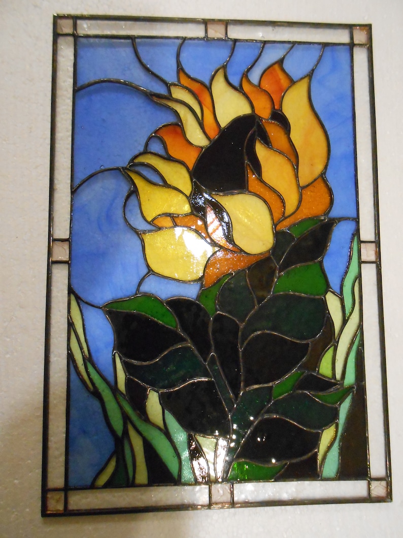 Sunflower Stained Glass Panel Window Hanging Floral Decor in Tiffany Glass Art Technique image 4