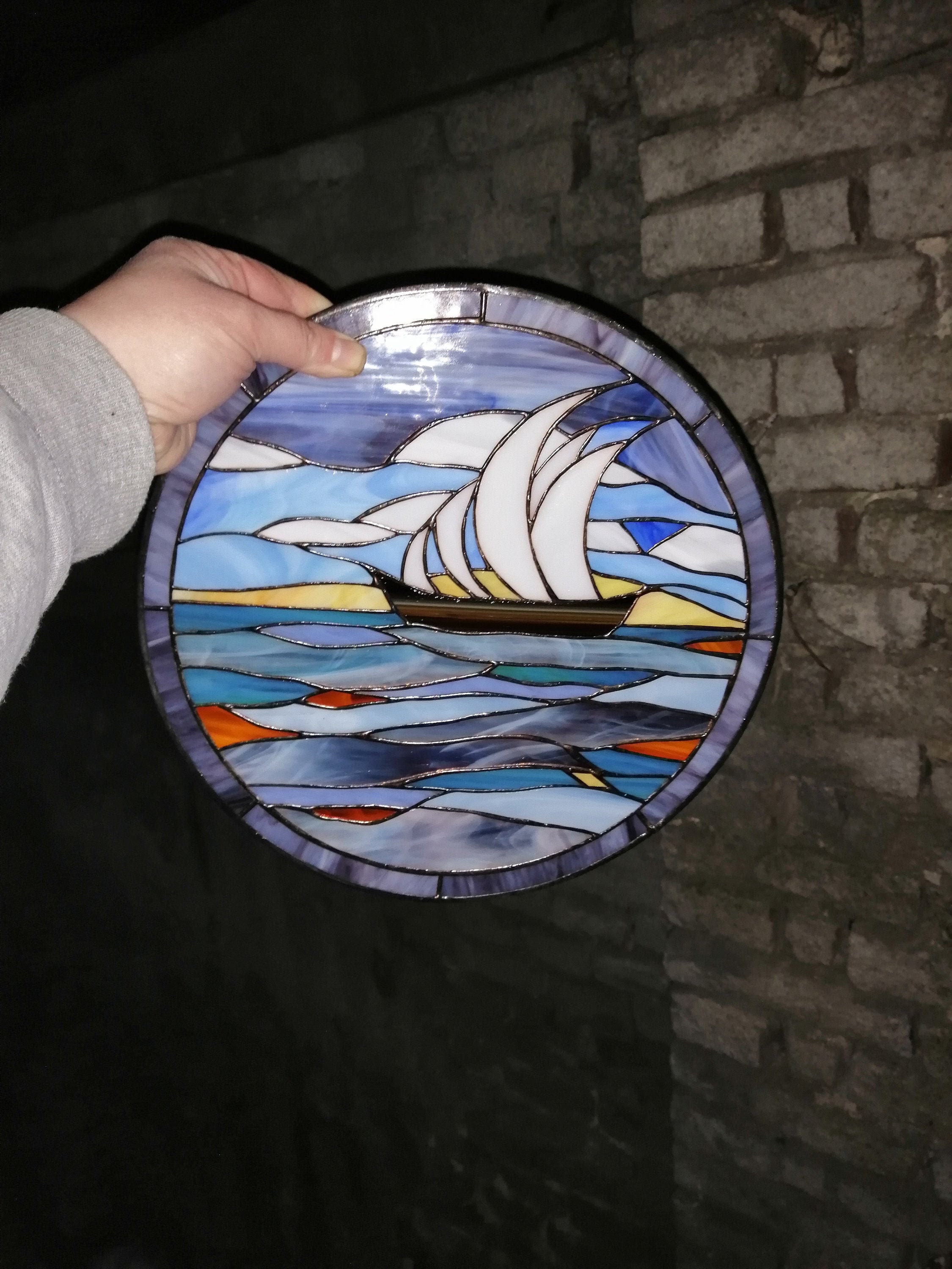 Sailboat Ship Stained Glass Panel Suncatcher Etsy