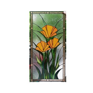 California Poppies Flower Stained Glass Panel Suncatcher Window Hanging
