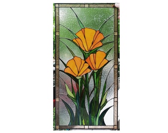California Poppies Flower Stained Glass Panel Suncatcher Window Hanging