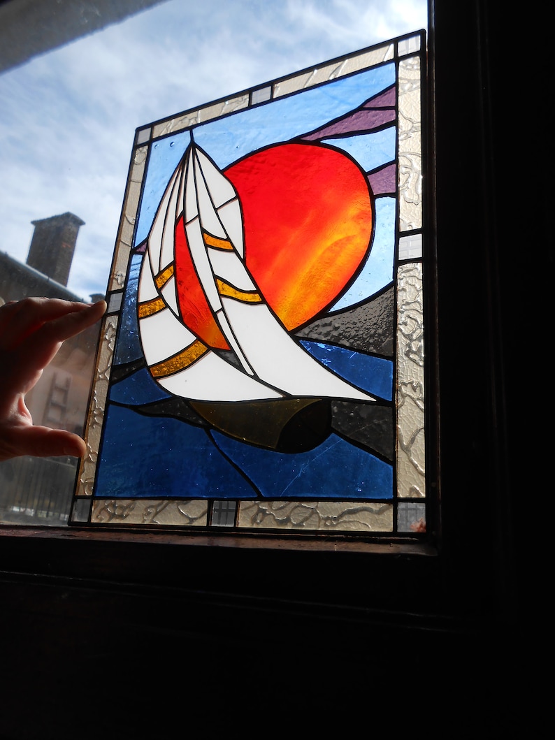 Sailboat Ship Stained Glass Panel Suncatcher Etsy