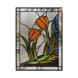 Orange Tulip Flower Stained Glass Suncatcher Window Panel