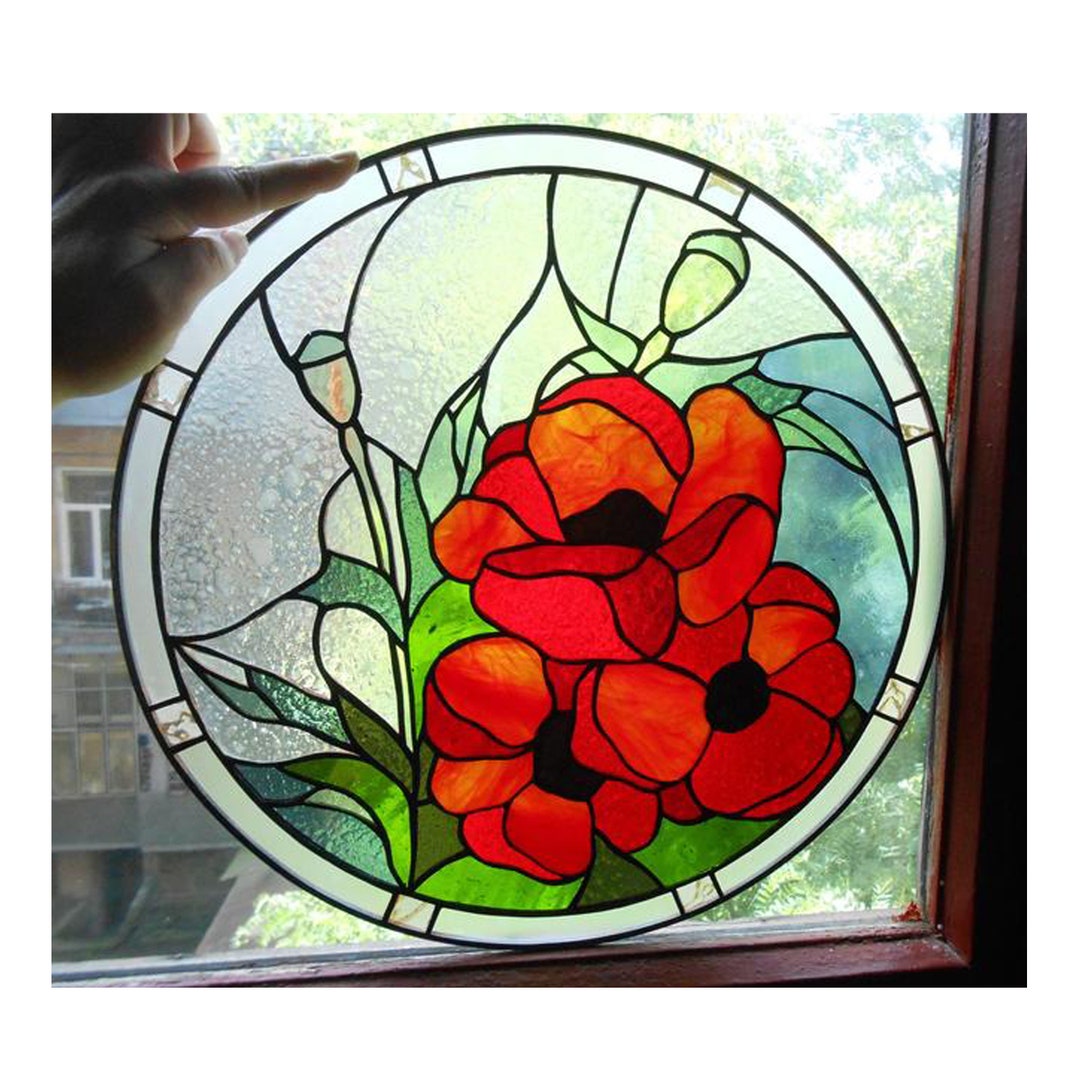 Poppies Flower Stained Glass Panel Suncatcher Window Hanging