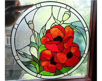 Poppies Flower Stained Glass Panel Suncatcher Window Hanging