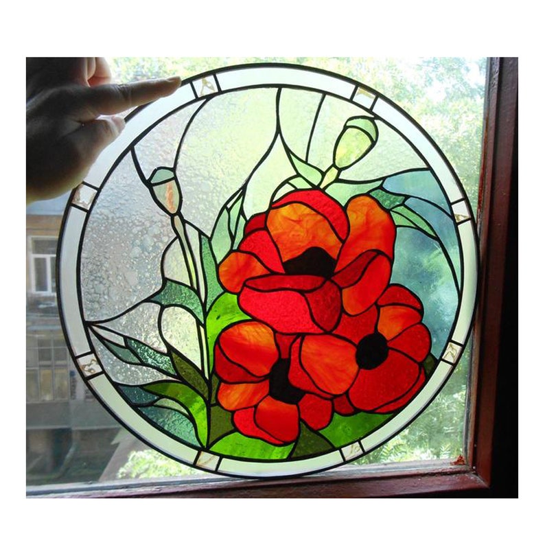 Poppies Stained Glass Panel Suncatcher Etsy