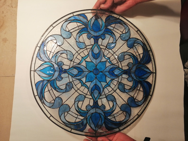 Round Geometric Blue Stained Glass Window Hanging Panel Suncatcher - Etsy
