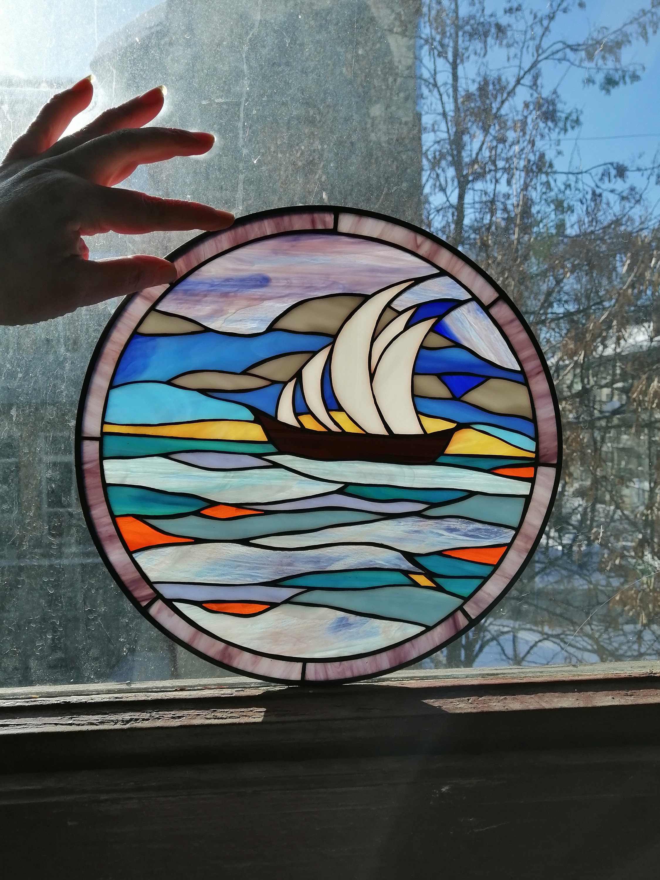 Sailboat Ship Stained Glass Panel Suncatcher Etsy