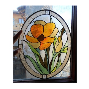 Yellow Orange Tulip Flower Stained Glass Panel Suncatcher
