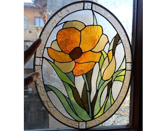 Yellow Orange Tulip Flower Stained Glass Panel Suncatcher
