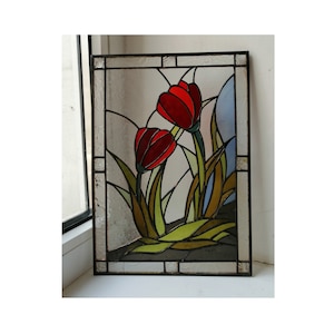 Red Tulips Flower Stained Glass Panel Suncatcher