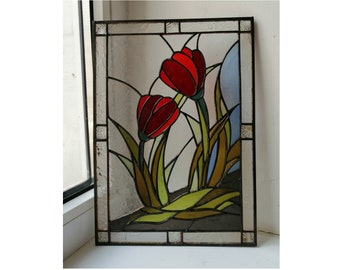 Red Tulips Flower Stained Glass Panel Suncatcher