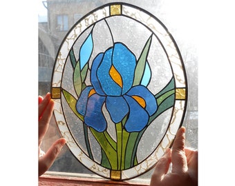 Iris Flower Stained Glass Panel Window Hanging Suncatcher