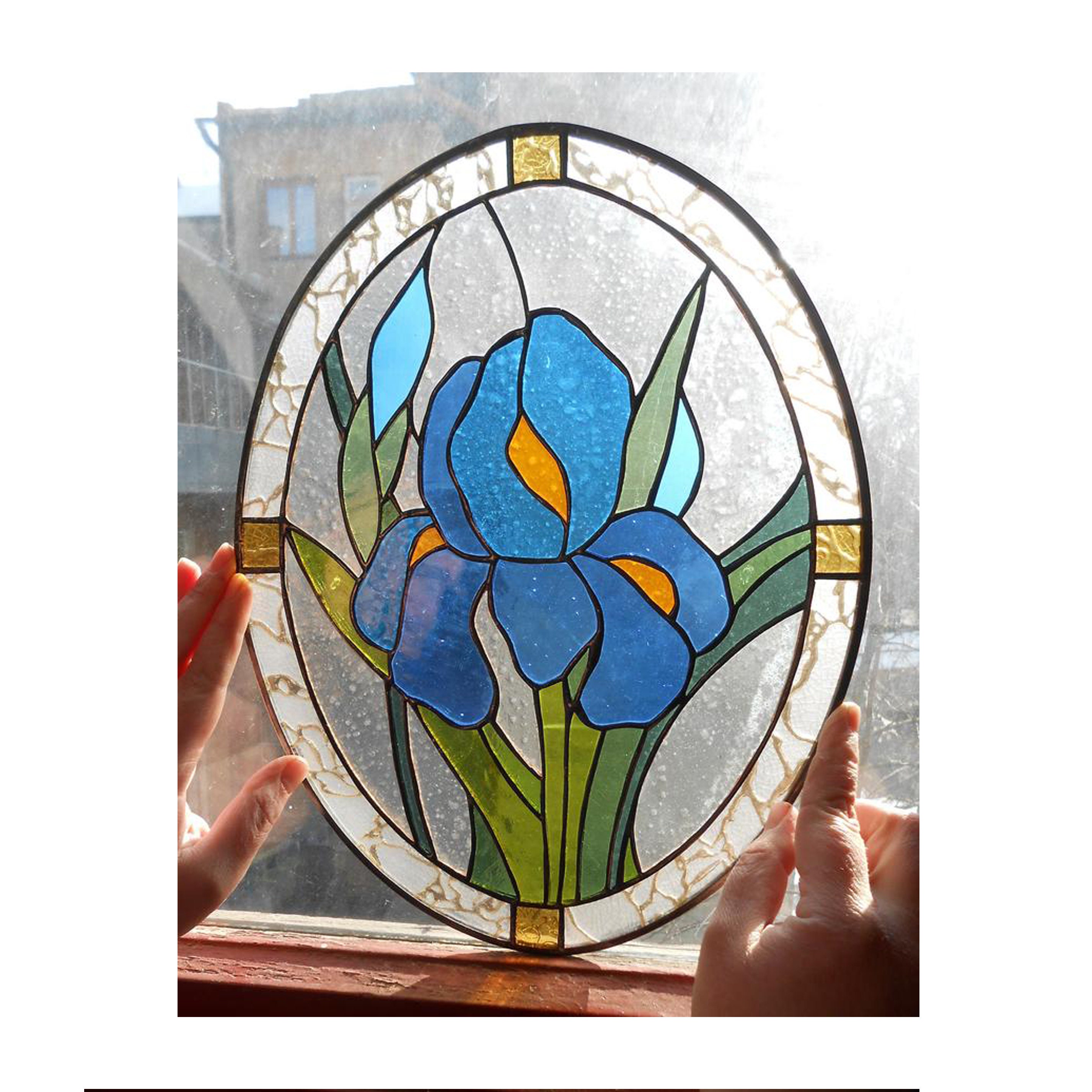 Iris Flower Stained Glass Panel Suncatcher Etsy Norway