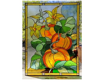 Pumpkin Stained Glass Panel Window Hanging Kitchen Home Decor Halloween Suncatcher Garden Decor