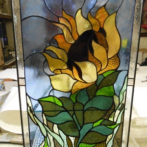 Sunflower Stained Glass Panel Window Hanging Floral Decor in Tiffany Glass Art Technique image 3