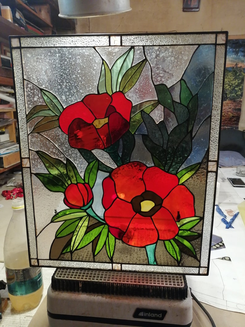 Poppies Stained Glass Panel Suncatcher Etsy