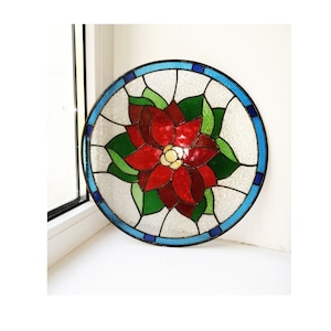 Poinsettia Flower Christmas Stained Glass Window Hanging Panel Suncatcher