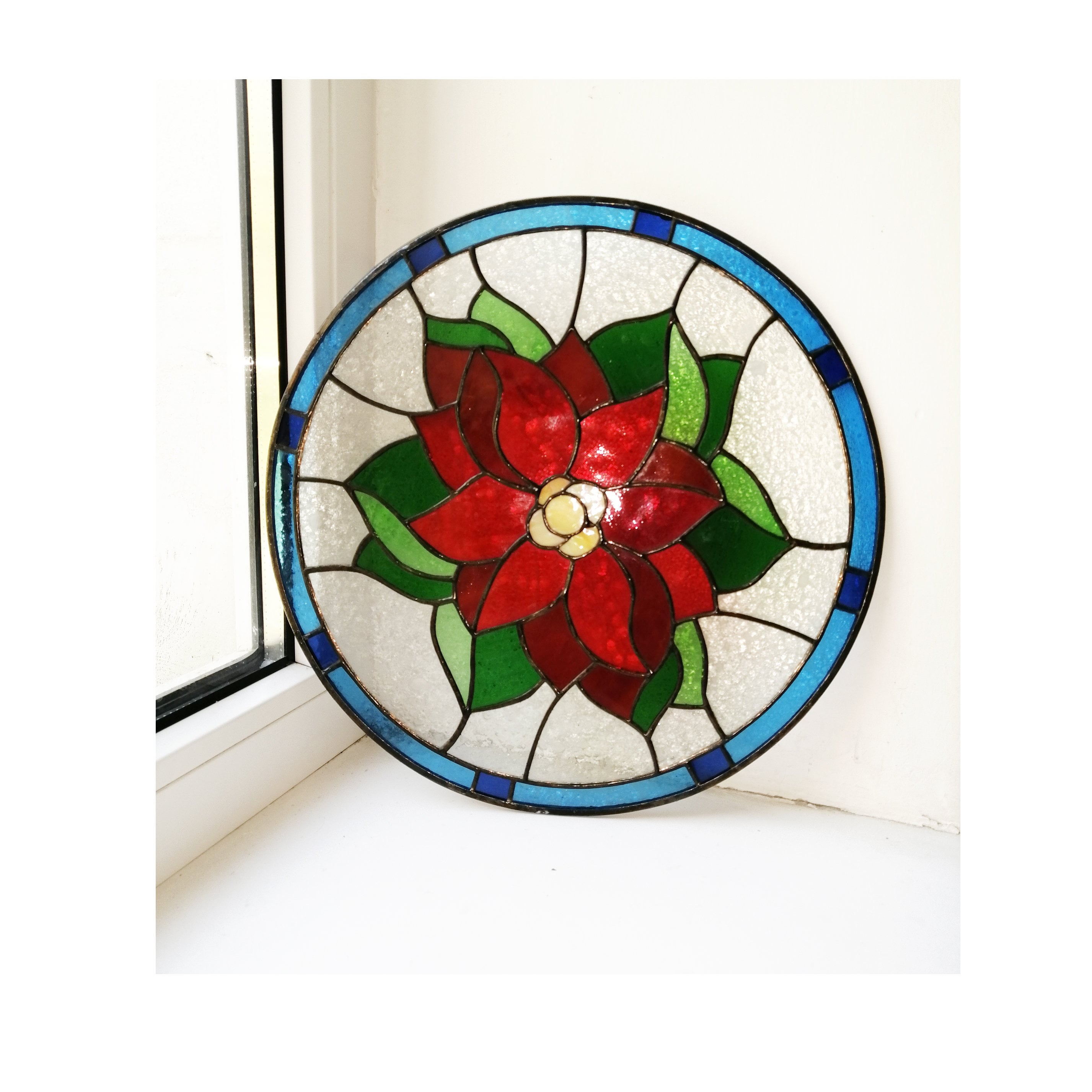 ステンドグラスパネル　　ポインセチア ポインセチアの花のクリスマスステンドグラスの窓吊り下げパネルサン