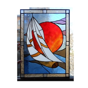 Sailboat Ship Stained Glass Panel Suncatcher Window Hanging