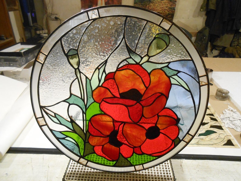 Poppies Stained Glass Panel Suncatcher Etsy