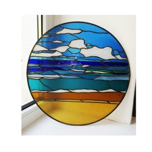 Seaside Ocean Beach Landscape Stained Glass Panel Suncatcher