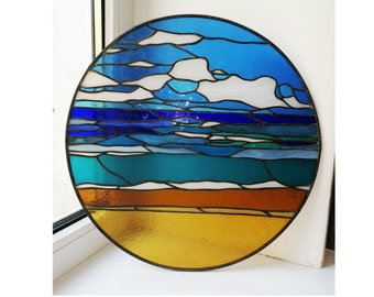 Seaside Ocean Beach Landscape Stained Glass Panel Suncatcher