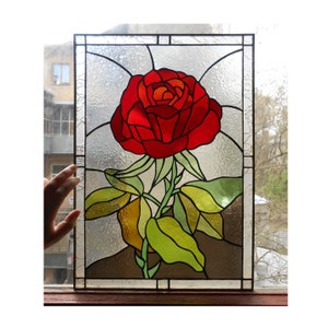 42x10 Stained Art Glass ROSES Floral Window Suncatcher 