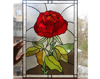 Red Rose Stained Glass Window Hanging, Tiffany Style Suncatcher