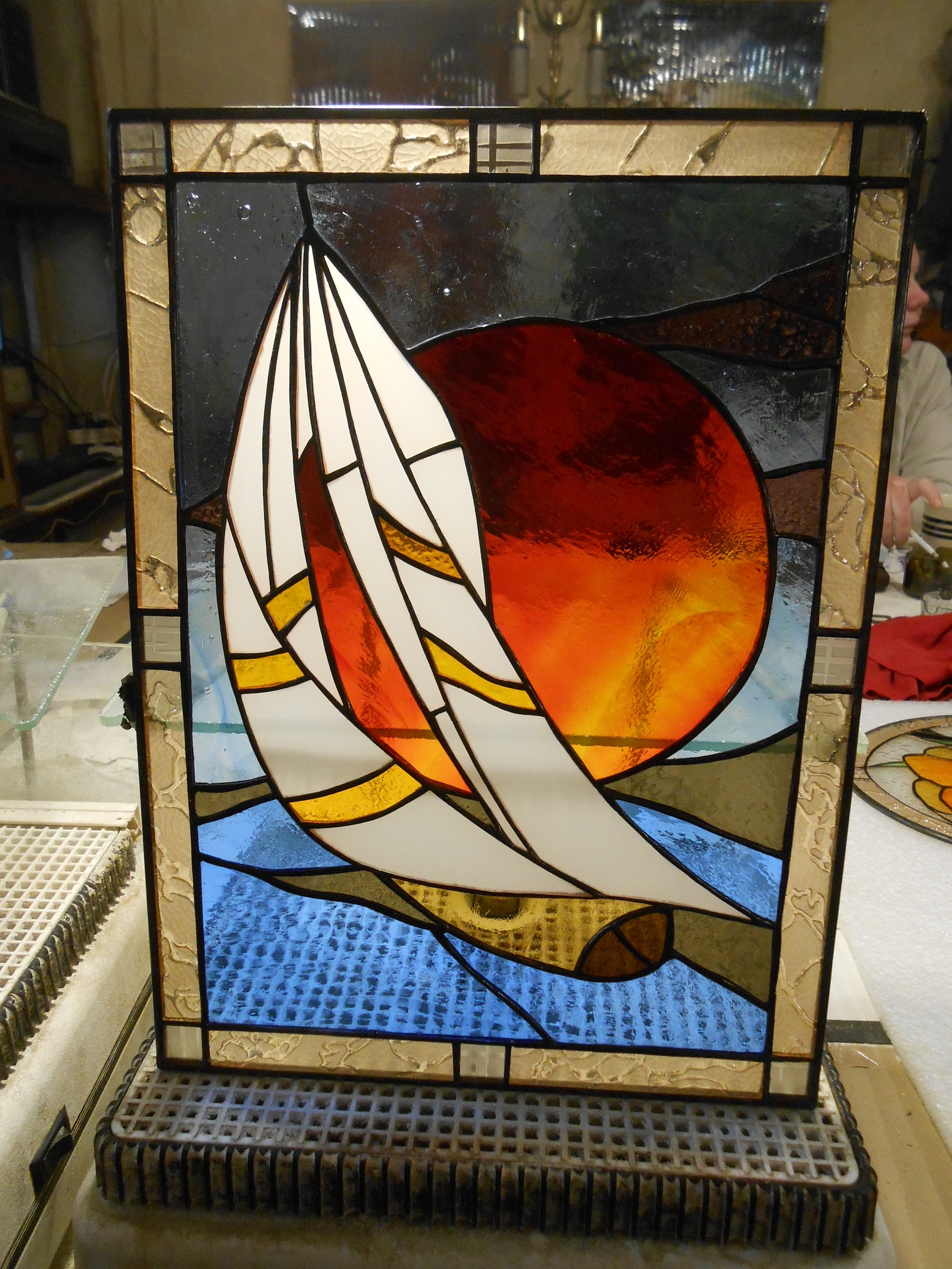 Sailboat Ship Stained Glass Panel Suncatcher Etsy