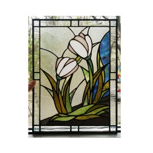 White Tulips Flower Stained Glass Panel Suncatcher