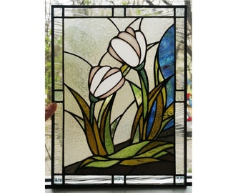 White Tulips Flower Stained Glass Panel Suncatcher
