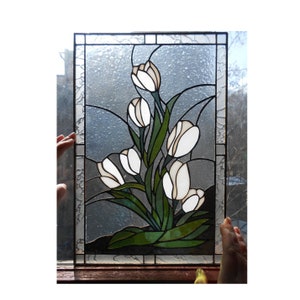 White Tulip Flower Stained Glass Suncatcher Window Panel