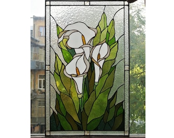 White Calla Lily Flower Stained Glass Panel Suncather in Tiffany technique Window Hanging Decor