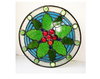 Holly Christmas Geometric Stained Glass Window Hanging Panel Suncatcher
