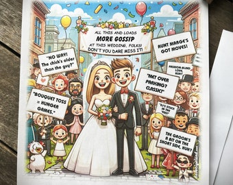 Divertida y única invitación de boda estilo cómic – Tema de chismes – Celebración de matrimonio peculiar – ¡Risas garantizadas!